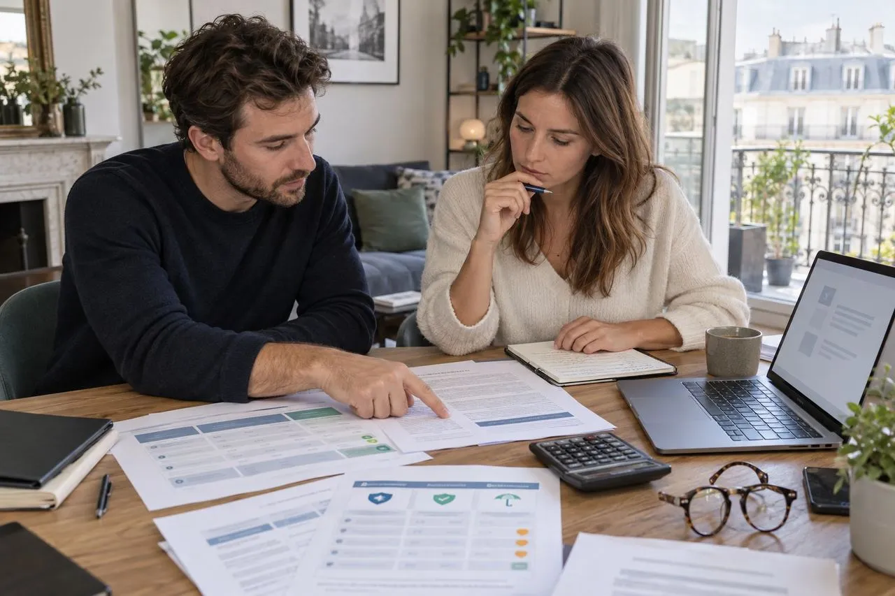 Personne comparant des contrats d'assurance emprunteur sur ordinateur avec relevé de prêt et calculatrice