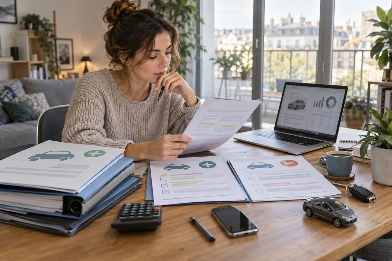 Conducteur examinant un relevé d'information d'assurance auto avec coefficient bonus-malus et graphique