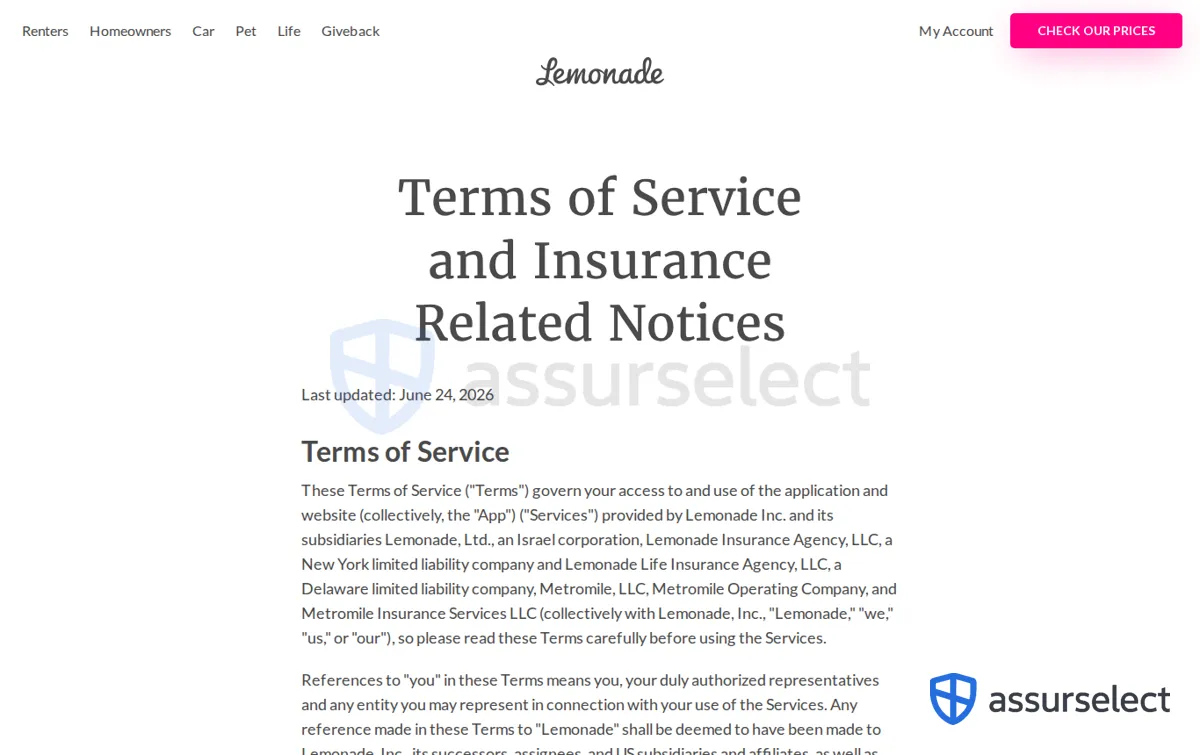 Capture : Lemonade: Terms of Service